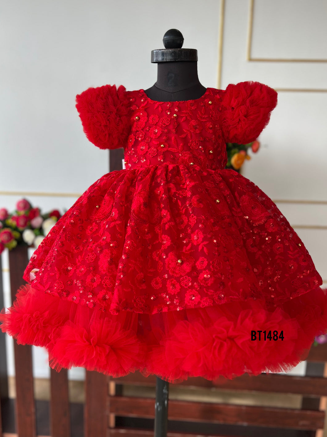 BT1484 Ruby Radiance - Chic Red Blossom Dress for Joyous Celebrations