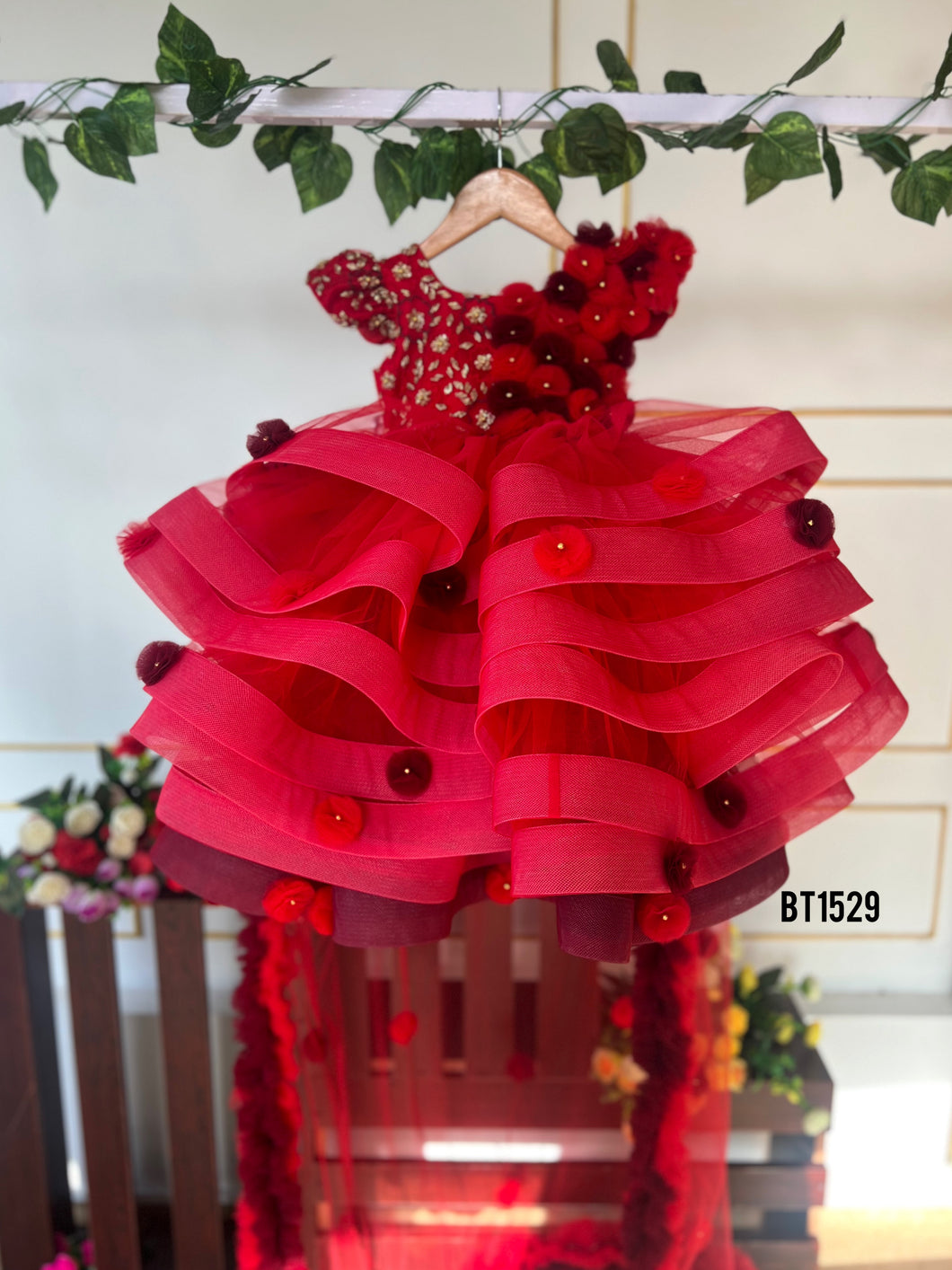 BT1529 Enchanted Crimson Blossom: Luxury Baby Party Dress