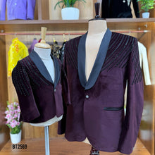 Load image into Gallery viewer, BT2569 Maroon Velvet Dad–Son Matching Blazer Set with Black Bead Embroidery – Luxury Party & Event Wear
