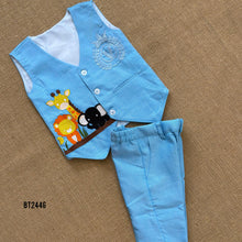 Load image into Gallery viewer, BT2446 Sky Blue Animal Theme Baby Boy Waistcoat Set for Birthday & Photoshoot