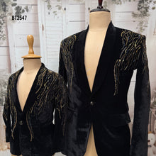 Load image into Gallery viewer, BT2547 - Dad & Son Royal Black Velvet Combo with Cascading Gold Sequin Embroidery