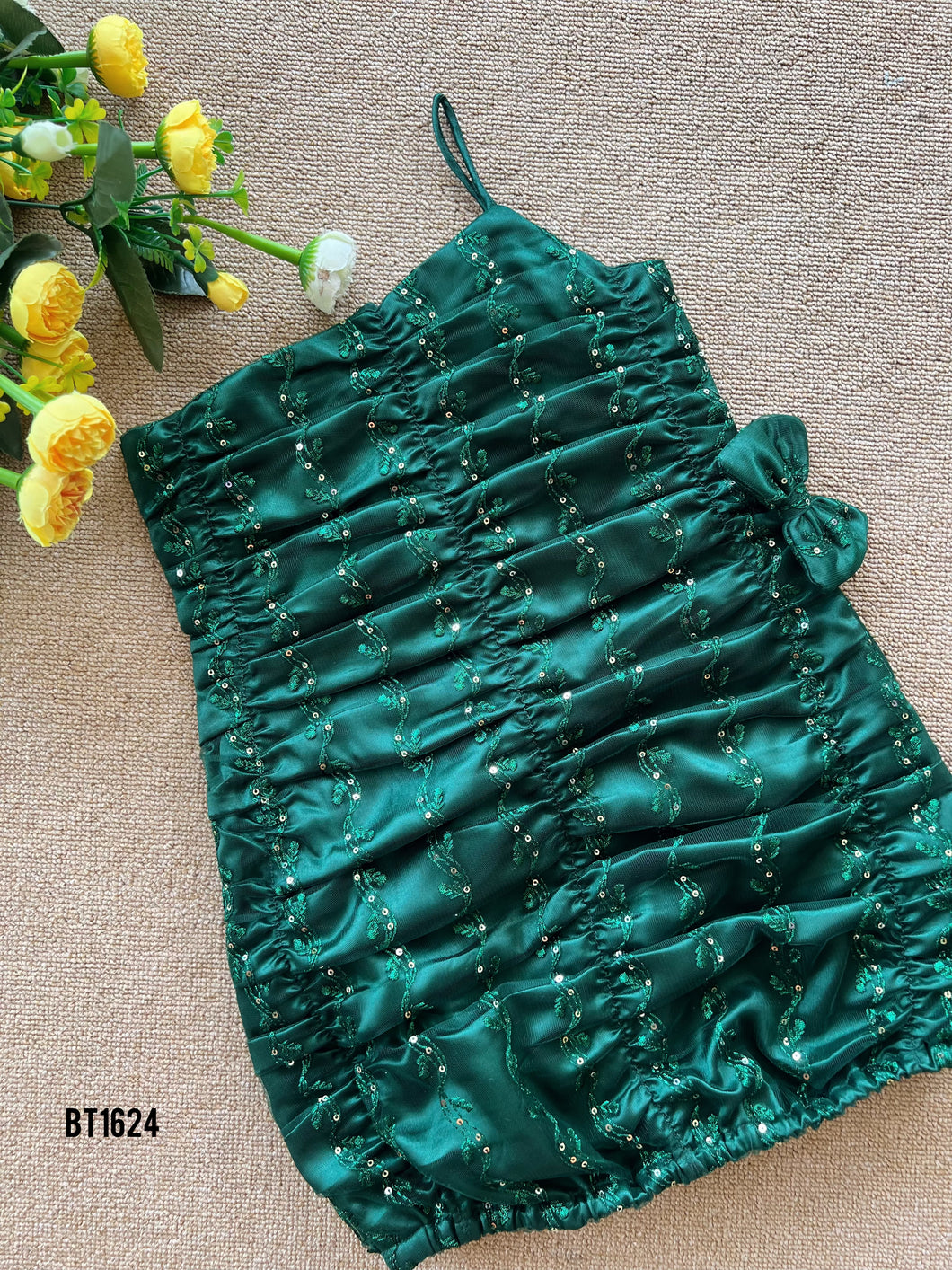 BT1624 Emerald Elegance: Chic Shimmer Dress for Tiny Trendsetters