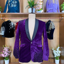 Load image into Gallery viewer, BT2587 Premium Velvet Men’s Blazer – Royal Purple Edition With Black Crystal Embroidery