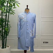 Load image into Gallery viewer, BT2684 Powder Blue Floral Embroidered Indo Western Sherwani for Dad