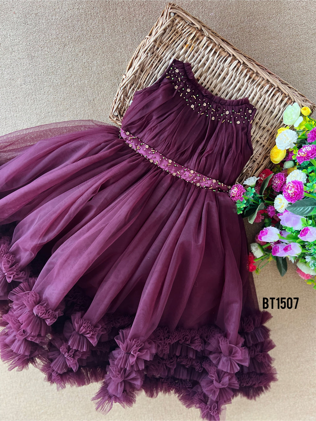 BT1507 Regal Plum Blossom Dress - Elegance for Your Little Star