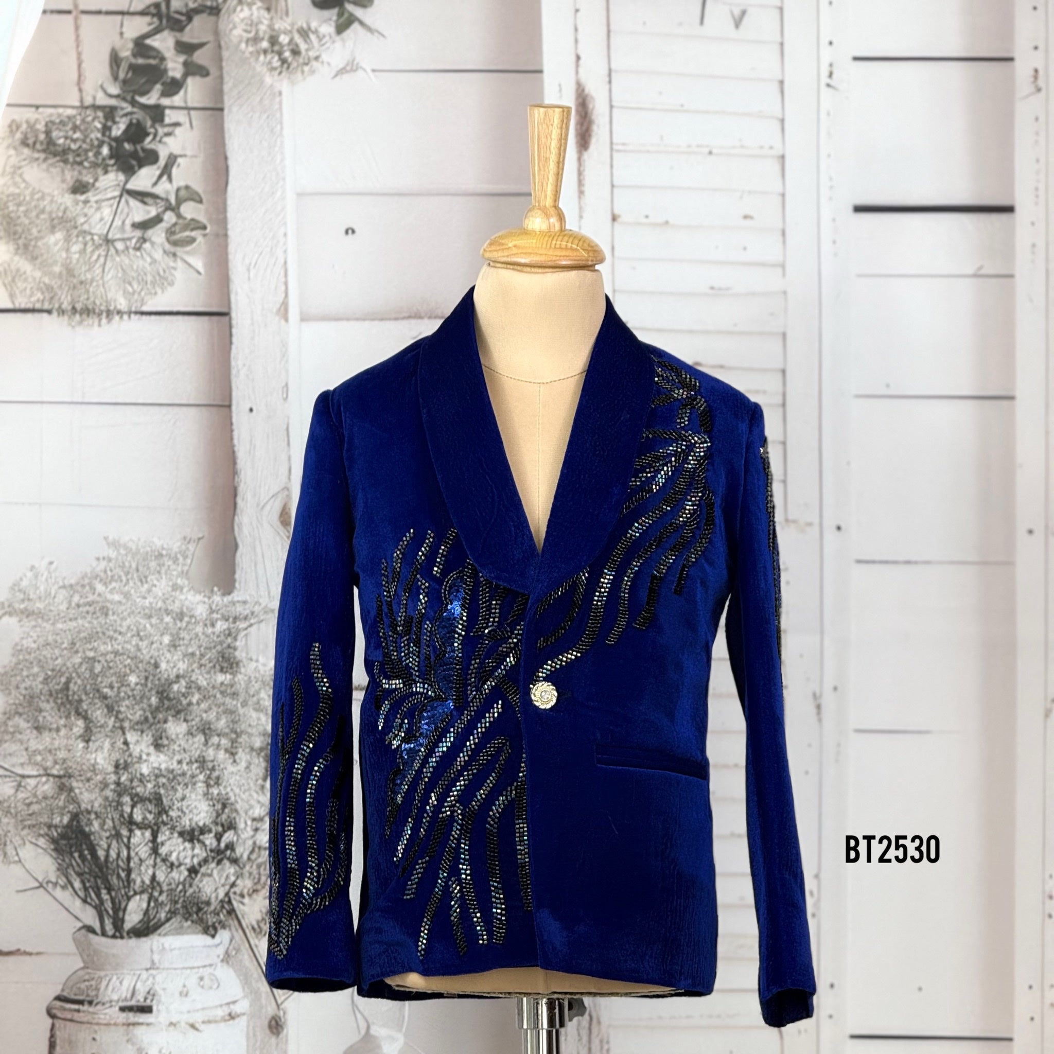 BT2530 Royal Blue Velvet Baby Boy Sequin Party Blazer Premium Designer  Outfit
