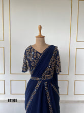 Load image into Gallery viewer, BT1998 🌿 Elegant Navy Embroidered Saree Gown – For the Stylish Mom 🌟
