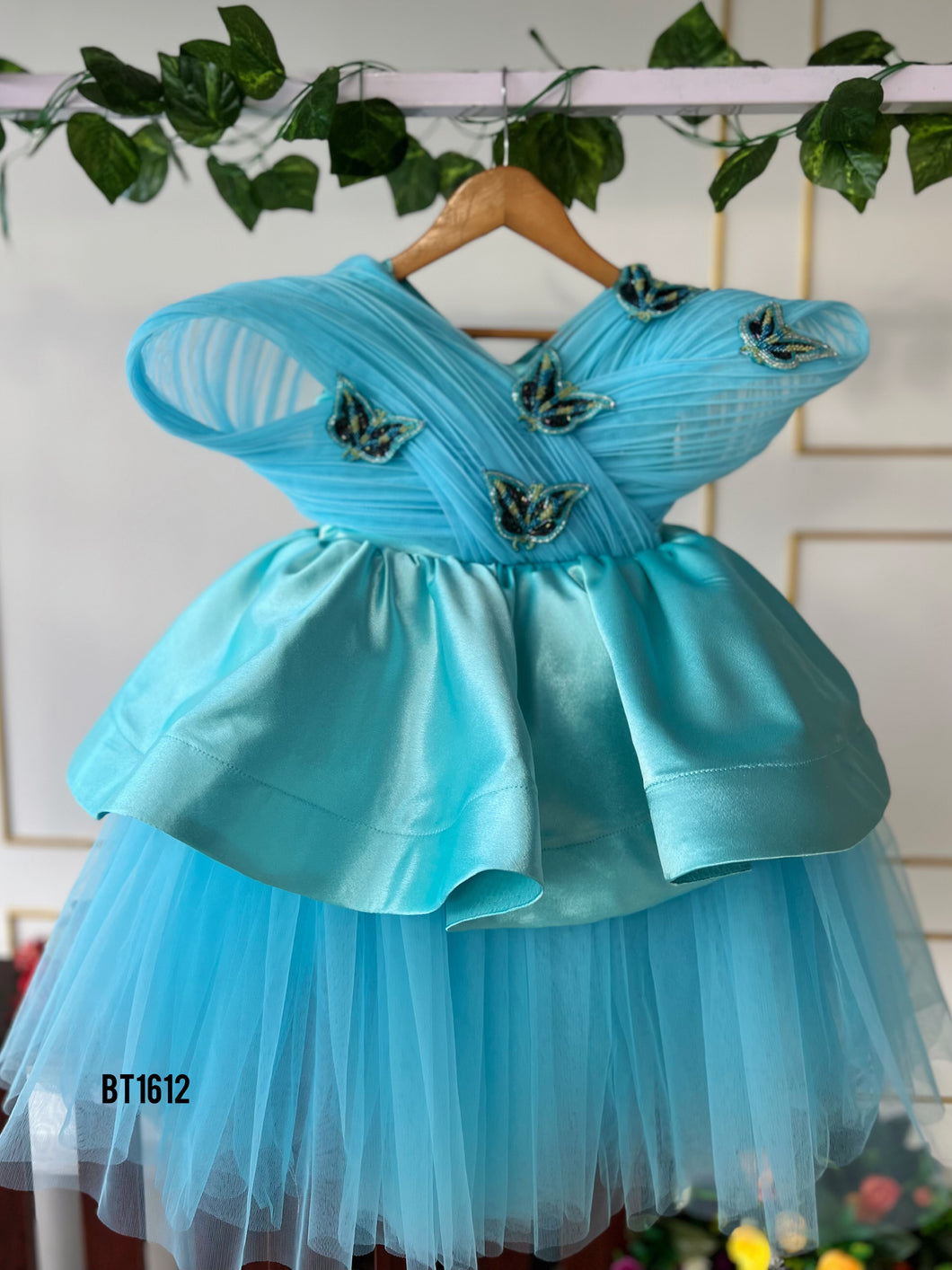 BT1612 Aqua Elegance: Enchanting Butterfly Gown for Tiny Trendsetters