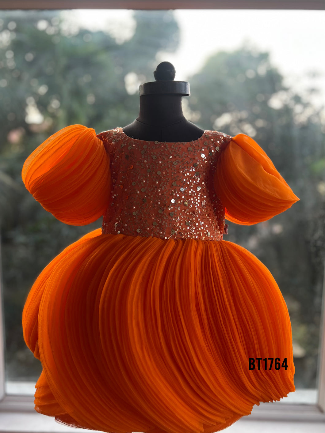 BT1764 Citrus Sparkle: Sunset Orange Sequin Party Dress for Little Stars
