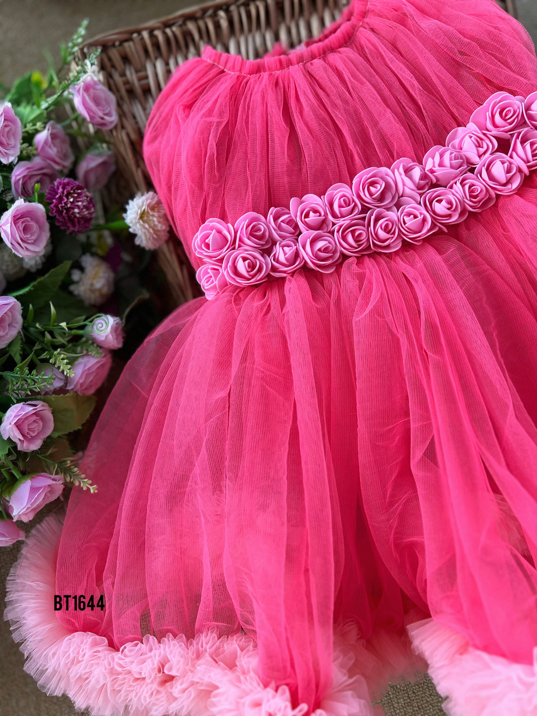 BT1644 Rosette Ribbon Pink Pompom Party Gown for Little Ones