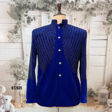 Load image into Gallery viewer, BT2605 - Men’s Royal Blue Velvet Linear Embroidered Jodhpuri