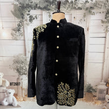 Load image into Gallery viewer, BT2607 - Men’s Royal Black Velvet Asymmetrical Gold Embroidered Jodhpuri
