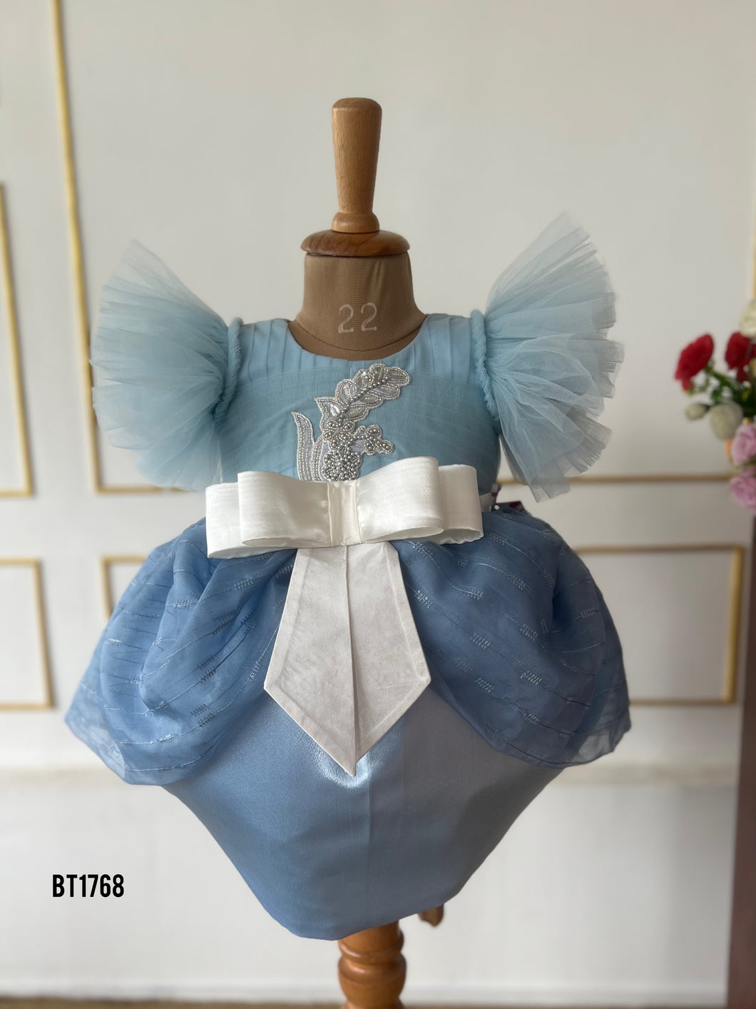 BT1768 Sky Blue Tulle Party Dress with Sparkling Swan Appliqué