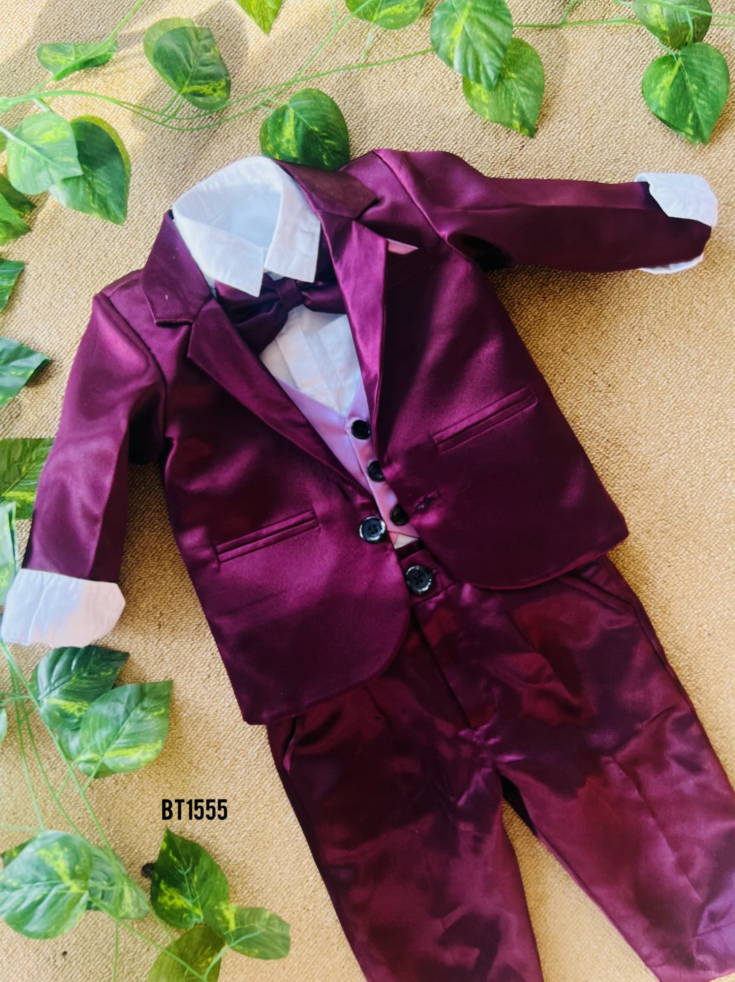 BT1555 Bordeaux Brilliance: Boys' Luxe Satin Suit