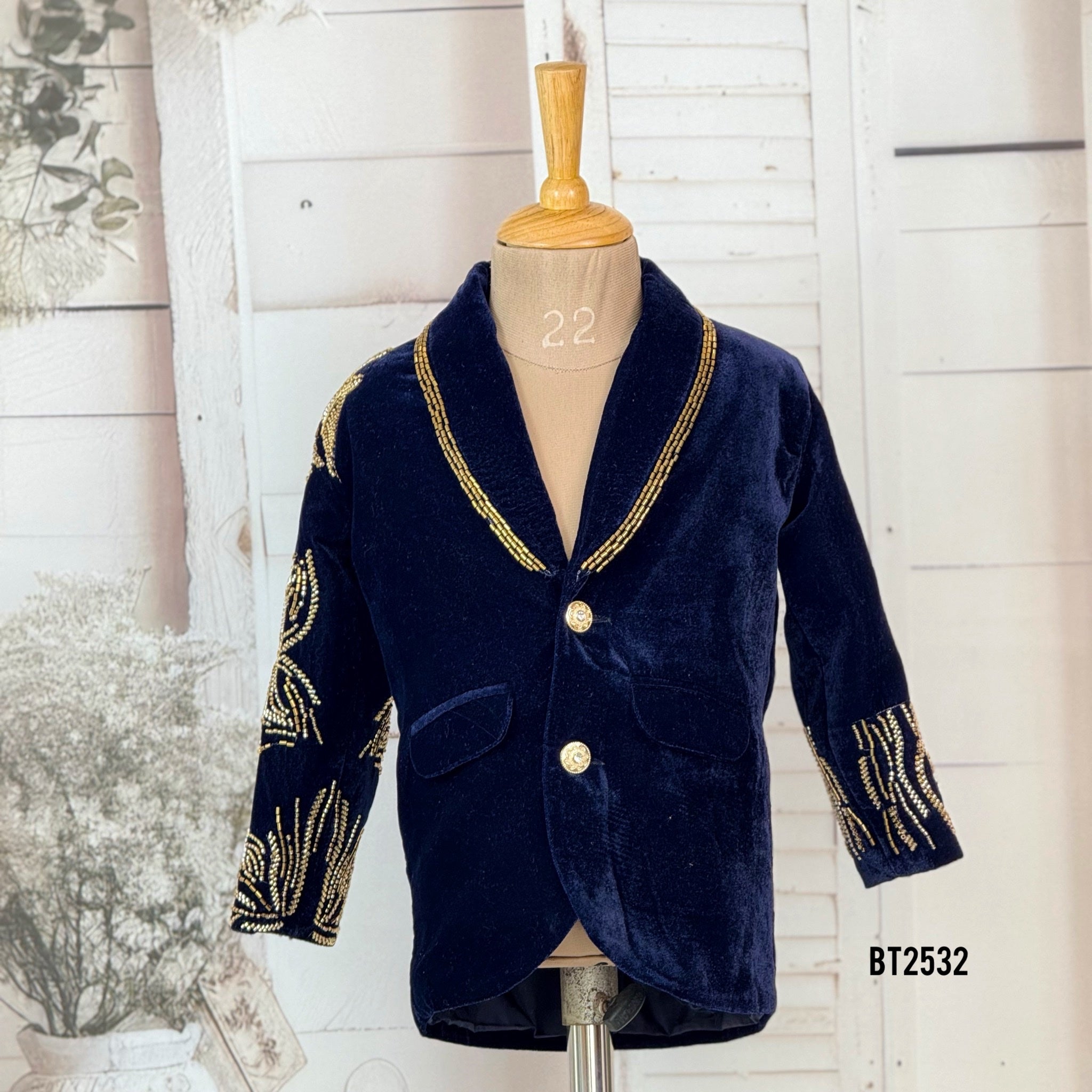 BT2532 Royal Blue Velvet Baby Boy Party Blazer with Gold Embellishment
