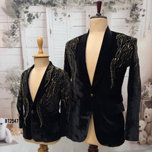 Load image into Gallery viewer, BT2547 - Dad & Son Royal Black Velvet Combo with Cascading Gold Sequin Embroidery