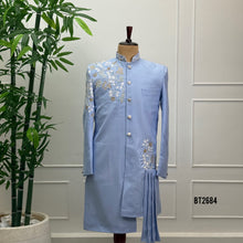 Load image into Gallery viewer, BT2684 Powder Blue Floral Embroidered Indo Western Sherwani for Dad