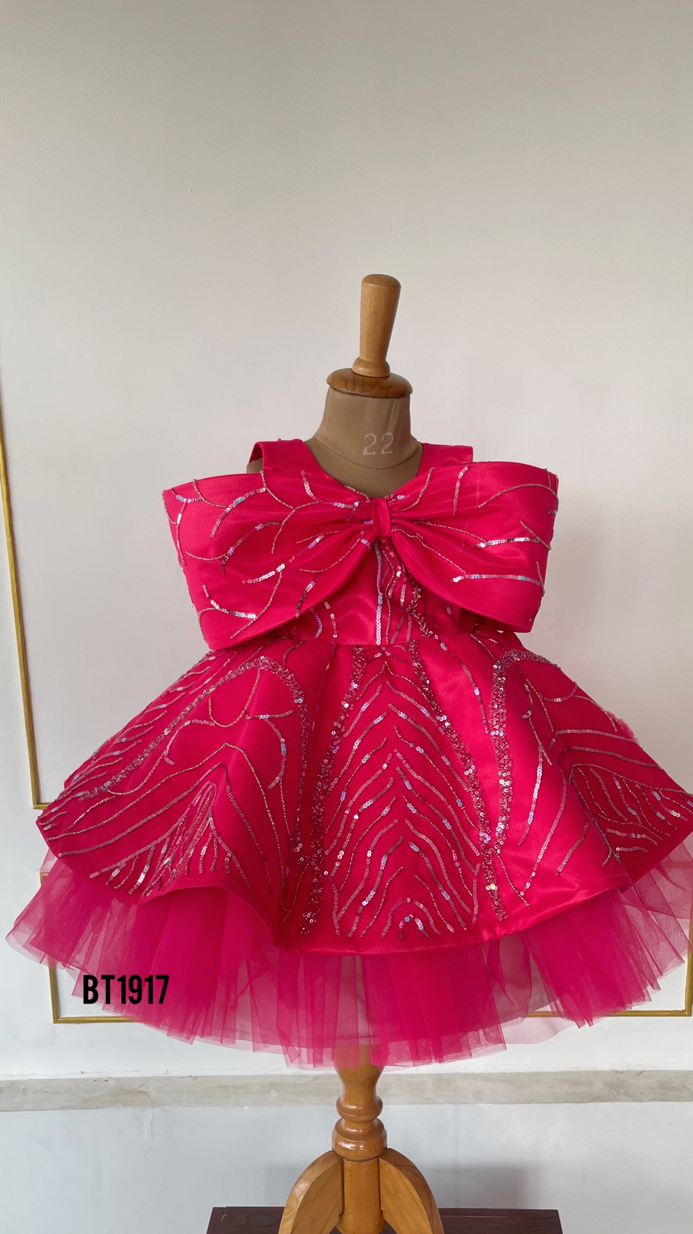 BT1917 Crimson Sparkle: Radiant Baby Party Dress