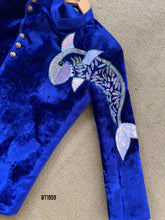 Load image into Gallery viewer, BT1959 Vibrant Blue Velvet Jacket with Fish Embroidery for Dad – Make a Splash in Style 🎣💙