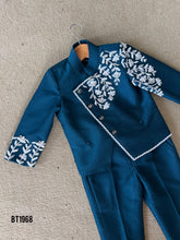 Load image into Gallery viewer, BT1968 🌿 Teal Floral Embroidered Party Wear Jacket Set for Little Boys 🌟