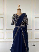 Load image into Gallery viewer, BT1998 🌿 Elegant Navy Embroidered Saree Gown – For the Stylish Mom 🌟