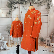Load image into Gallery viewer, BT2511 Royal Orange Father Son Sherwani Combo – Golden Horse Embroidery