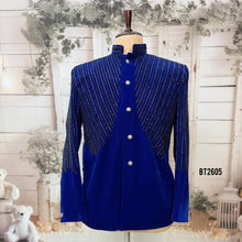 Load image into Gallery viewer, BT2605 - Men’s Royal Blue Velvet Linear Embroidered Jodhpuri