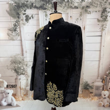 Load image into Gallery viewer, BT2607 - Men’s Royal Black Velvet Asymmetrical Gold Embroidered Jodhpuri
