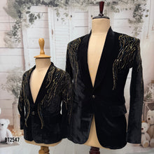 Load image into Gallery viewer, BT2547 - Dad & Son Royal Black Velvet Combo with Cascading Gold Sequin Embroidery