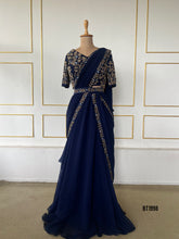 Load image into Gallery viewer, BT1998 🌿 Elegant Navy Embroidered Saree Gown – For the Stylish Mom 🌟
