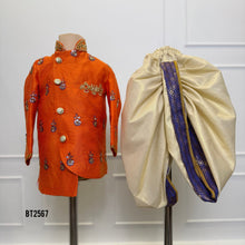 Load image into Gallery viewer, BT2567 Premium Orange Embroidered Dad–Son Kurta Combo