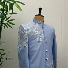 Load image into Gallery viewer, BT2684 Powder Blue Floral Embroidered Indo Western Sherwani for Dad