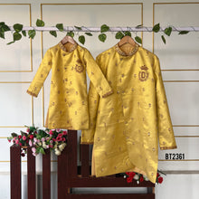 Load image into Gallery viewer, BT2361 Family Twinning Yellow Kurta & Red Dhoti Set – Dad & Son Combo Outfit