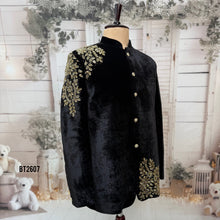 Load image into Gallery viewer, BT2607 - Men’s Royal Black Velvet Asymmetrical Gold Embroidered Jodhpuri