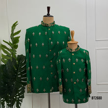 Load image into Gallery viewer, BT2680 Emerald Green Dad & Son Matching Indo Western Sherwani Combo