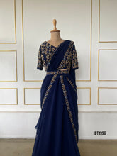 Load image into Gallery viewer, BT1998 🌿 Elegant Navy Embroidered Saree Gown – For the Stylish Mom 🌟