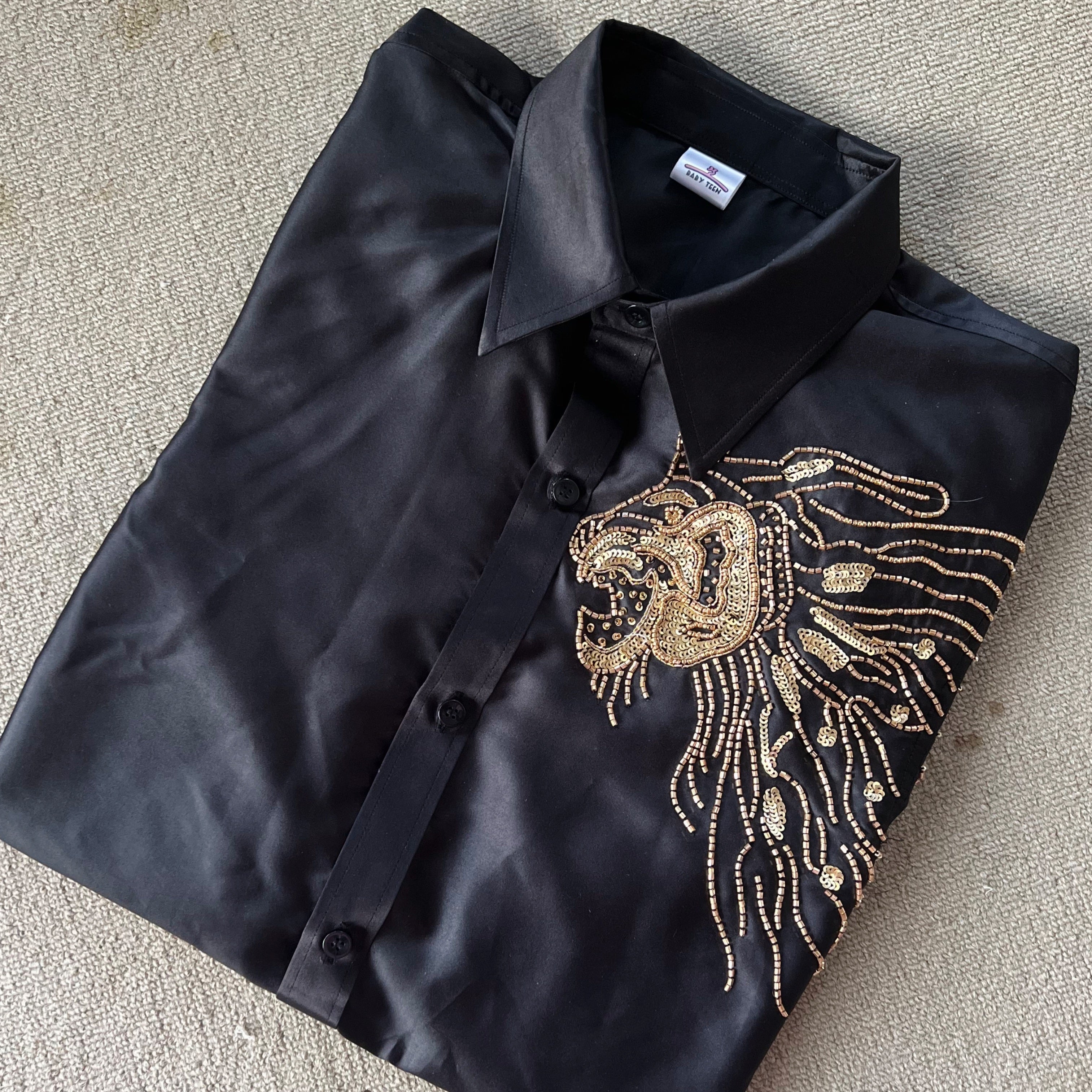 BT2180 Majestic Lion Embroidered Boys Party Wear Black Shirt 🦁✨