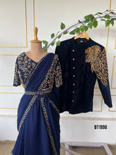 Load image into Gallery viewer, BT1998 🌿 Elegant Navy Embroidered Saree Gown – For the Stylish Mom 🌟