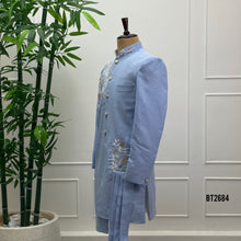 Load image into Gallery viewer, BT2684 Powder Blue Floral Embroidered Indo Western Sherwani for Dad
