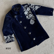 Load image into Gallery viewer, BT2217 Navy Velvet Boys Embroidered Jodhpuri – Luxury Party Wear Collection Jacket with Silver Floral Elegance 🌸✨