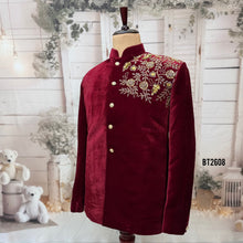 Load image into Gallery viewer, BT2608 - Men’s Royal Maroon Velvet Asymmetrical Gold Embroidered Jodhpuri