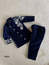 Load image into Gallery viewer, BT2217 Navy Velvet Boys Embroidered Jodhpuri – Luxury Party Wear Collection Jacket with Silver Floral Elegance 🌸✨