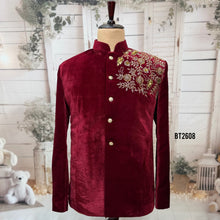 Load image into Gallery viewer, BT2608 - Men’s Royal Maroon Velvet Asymmetrical Gold Embroidered Jodhpuri