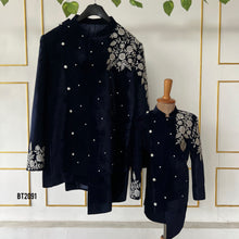 Load image into Gallery viewer, BT2091 Midnight Elegance Navy Velvet Set for Dad and Son – Embody Sophistication 🌙