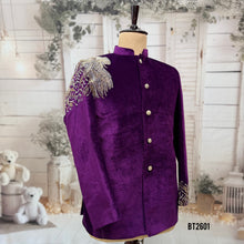 Load image into Gallery viewer, BT2601 - Men’s Royal Purple Velvet Asymmetrical Hand-Embroidered Jodhpuri