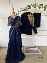 Load image into Gallery viewer, BT1998 🌿 Elegant Navy Embroidered Saree Gown – For the Stylish Mom 🌟