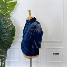 Load image into Gallery viewer, BT2458 Midnight Sparkle Velvet Baby Boy Blazer with Crystal Line Embroidery 💙✨