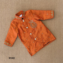 Load image into Gallery viewer, BT2452 Designer Baby Boy Rust Orange Kurta with Hand Embroidered Royal Crest