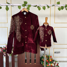 Load image into Gallery viewer, BT2377 Royal Maroon Velvet Dad-Son Matching Sherwani Set with Golden Embroidery – Family Twinning Outfit