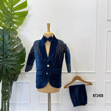 Load image into Gallery viewer, BT2458 Midnight Sparkle Velvet Baby Boy Blazer with Crystal Line Embroidery 💙✨